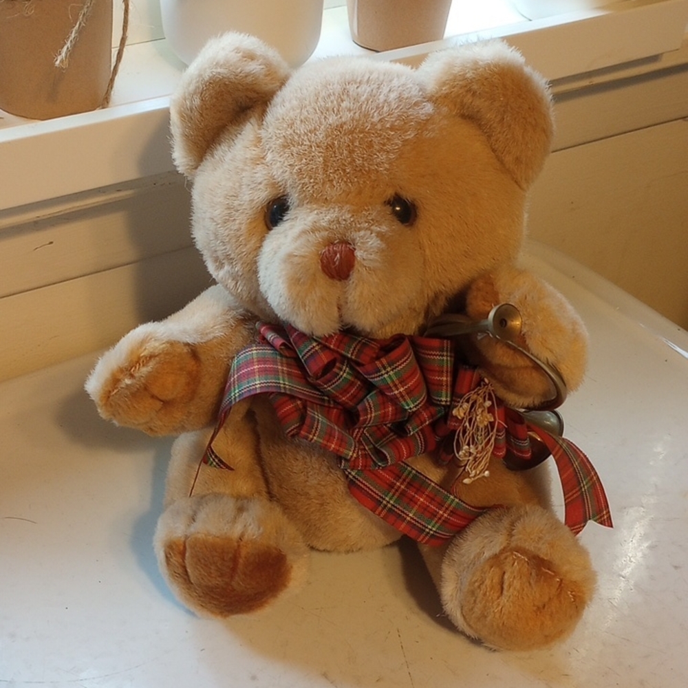 Vintage Tan Christmas Jointed Teddy Bear w/ Horn & Plaid Bow